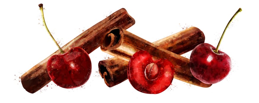 Cinnamon and cherry on white background.