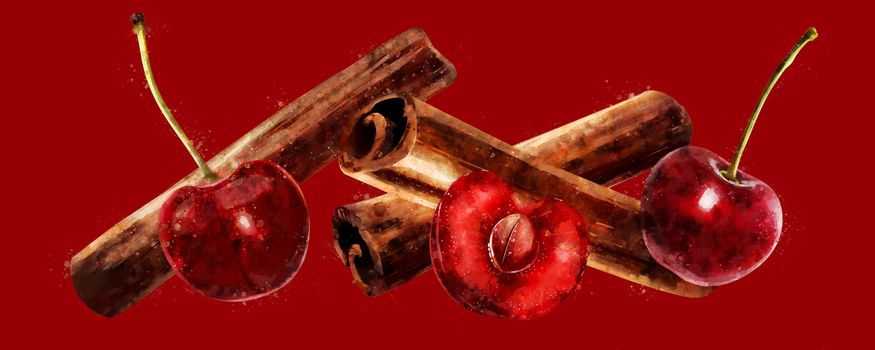 Cinnamon and cherry on red background.