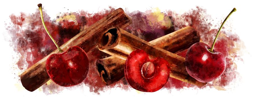 Cinnamon and cherry on white background.