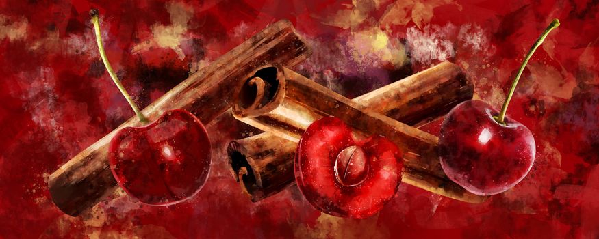 Cinnamon and cherry on red background.