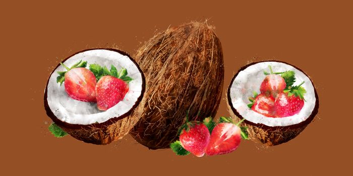 Watercolor coconut and strawberry on brown background.