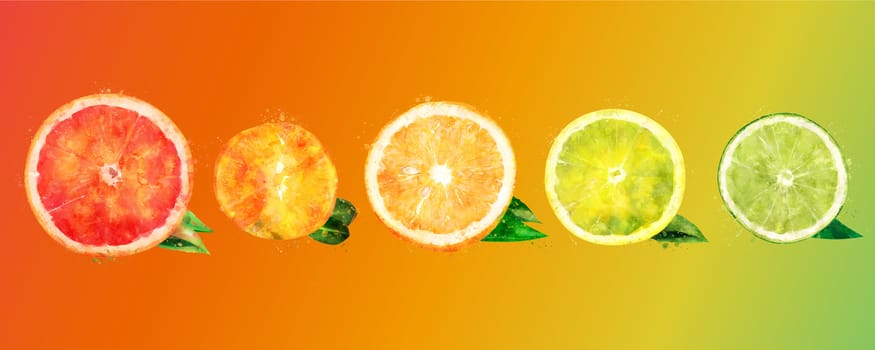 Lemon orange citrus mandarin grapefruit and lime on a background.