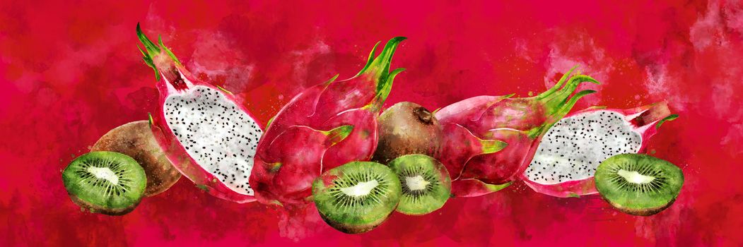 Dragon fruit and kiwi, hand-painted illustration on red background