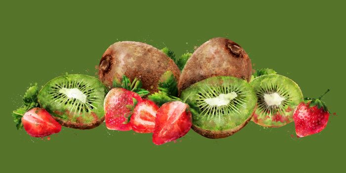 Strawberry and kiwi hand-painted illustration on green background