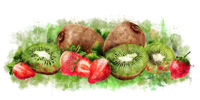 Strawberry and kiwi hand-painted illustration on white background