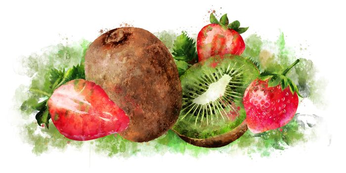 Strawberry and kiwi hand-painted illustration on white background