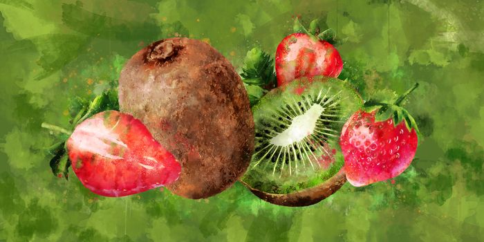 Strawberry and kiwi hand-painted illustration on green background