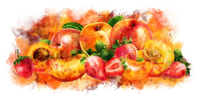 Apricot, peach and strawberry and cut slices on a white background.