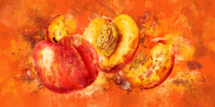 Peach, hand-painted illustration on orange background