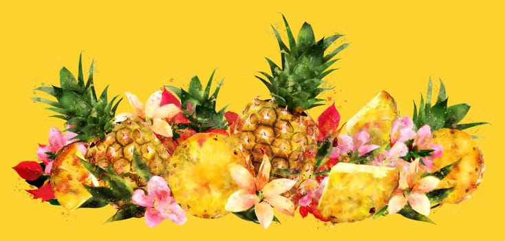 Pineapple, isolated hand-painted illustration on a yellow background