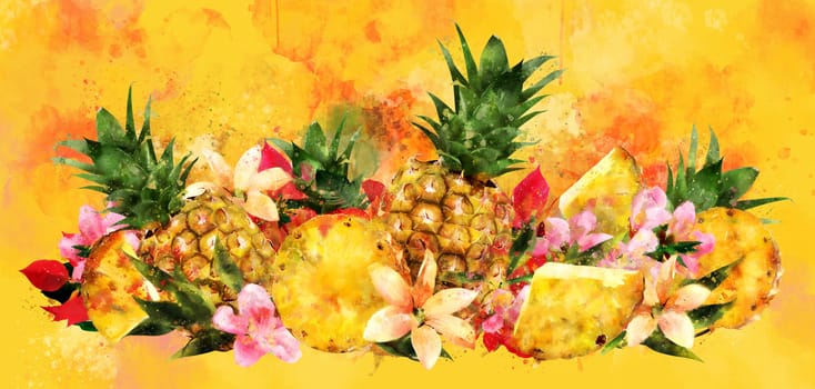 Pineapple, isolated hand-painted illustration on a yellow background