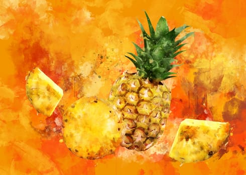 Pineapple, hand-painted illustration on a orange background