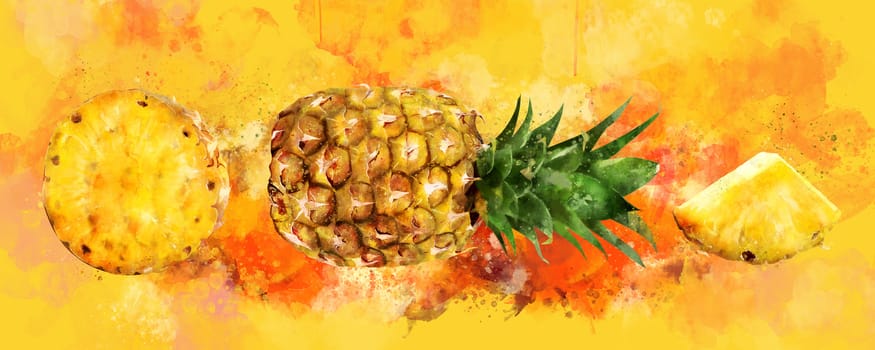 Pineapple, hand-painted illustration on a orange background