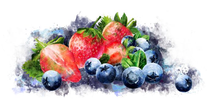 Blueberries and strawberries on white background.