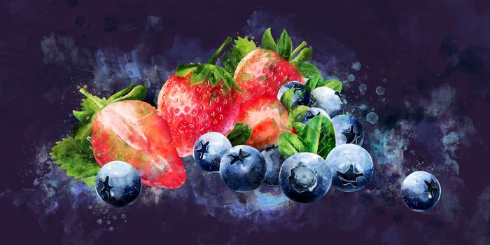 Blueberries and strawberries on white background.