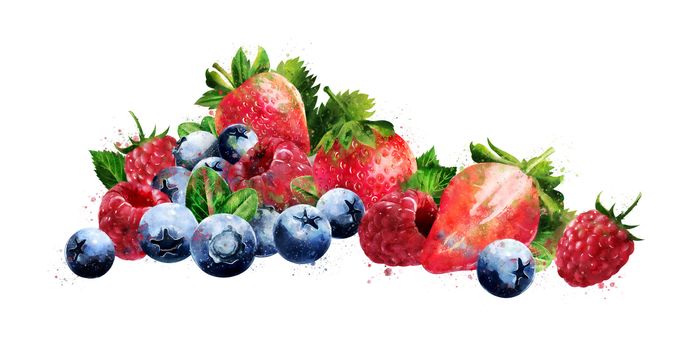 Raspberries, blueberries and strawberries on a white background.