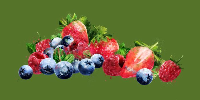 Raspberries, blueberries and strawberries on a green background.