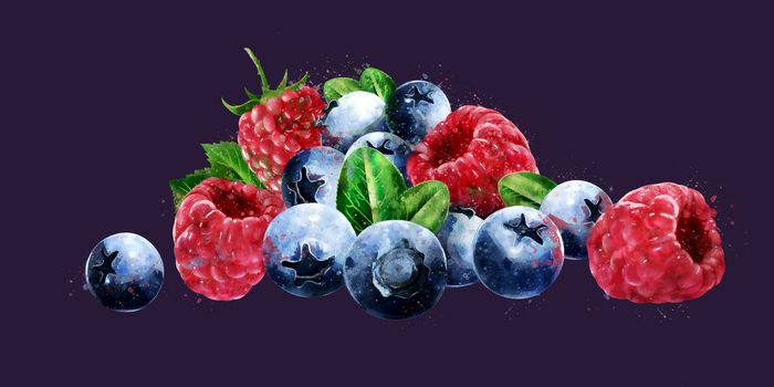Raspberries, cranberries, blueberries on dark background.
