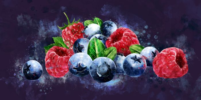 Raspberries, cranberries, blueberries on dark background.