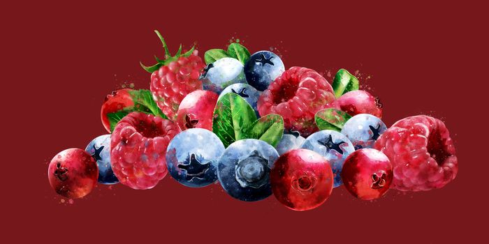 Raspberries, cranberries and blueberries on red background.