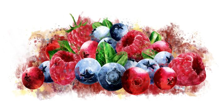 Raspberries, cranberries and blueberries on a white background.