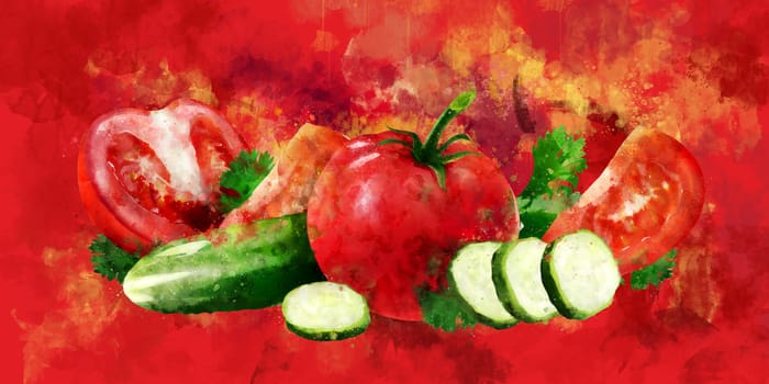 Tomato, cucumber and salad hand-painted illustration on a red background