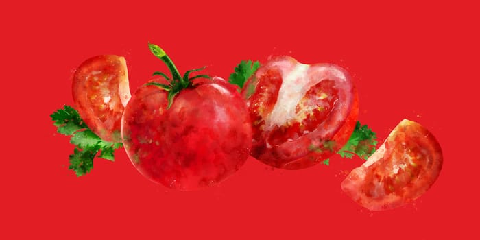 Tomato, hand-painted illustration on ared background