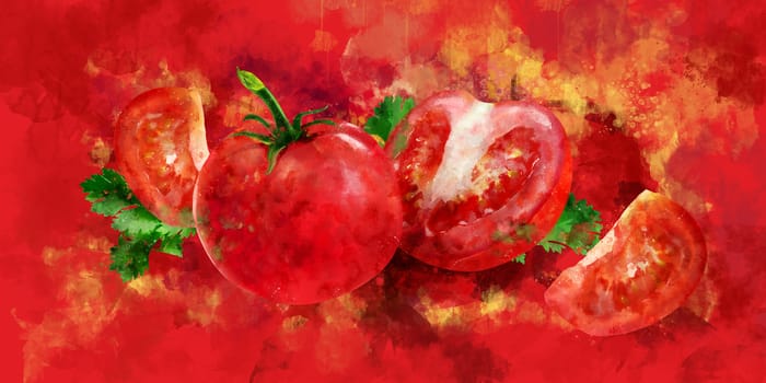 Tomato, hand-painted illustration on ared background