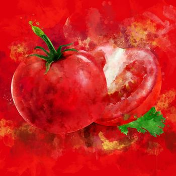 Tomato, hand-painted illustration on ared background