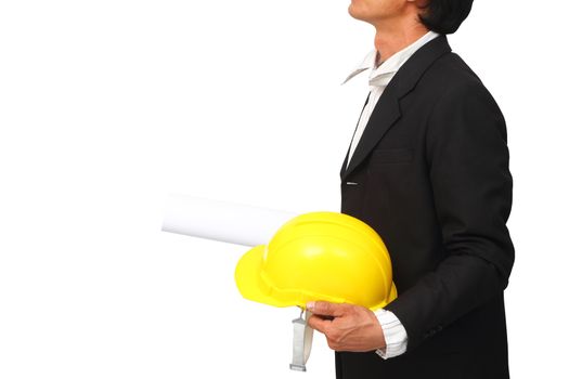 architecture holding blueprint and yellow safety helmet in hand isolated on white background, clipping path.