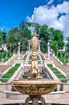 Chisinau, Moldova – 06.28.2019. Fountains and the cascading stairs near the Valea Morilor Lake in Chisinau, Moldova, on a sunny summer day