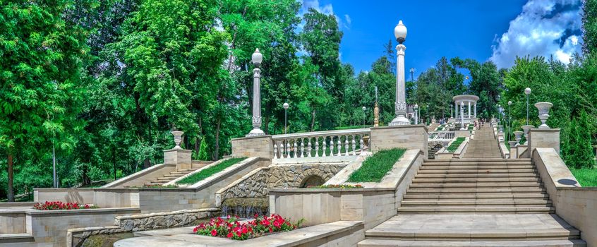 Chisinau, Moldova – 06.28.2019. Fountains and the cascading stairs near the Valea Morilor Lake in Chisinau, Moldova, on a sunny summer day