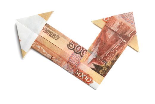 5000 Russian rubles in the form of an arrow on a white background.