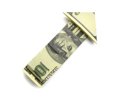 100 us dollars in the shape of an arrow on a white background.