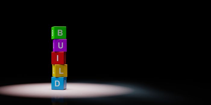 Pile of Colorful Cubes Build Text Concept Spotlighted on Black Background with Copy Space 3D Illustration