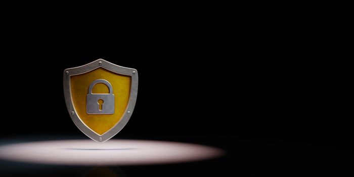 Yellow Metallic Shield Shape with Padlock Spotlighted on Black Background with Copy Space 3D Illustration