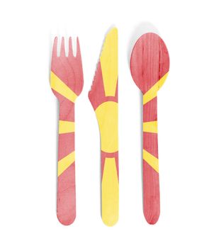 Eco friendly wooden cutlery - Plastic free concept - Isolated - Flag of Macedonia