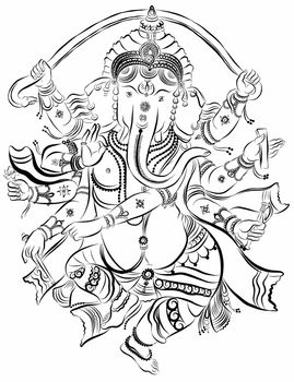 Drawing of Ganesha. Line art illustration of elephant-headed god. Buddhism Religion