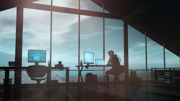 Silhouette of a web developer working in his office against the background of a panoramic window.