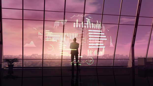 Silhouette of a businessman against the background of an office window surrounded by a hologram of data.