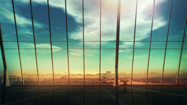 Empty interior of a modern spacious office with a large panoramic window overlooking the city skyline.