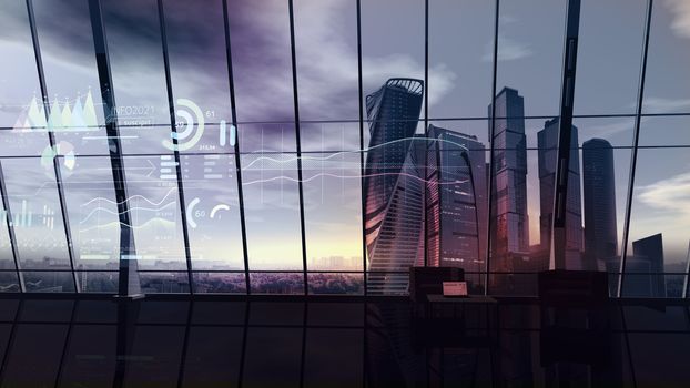 Empty office with virtual data infographic on the background of a large window with a view of the evening cityscape with skyscrapers.