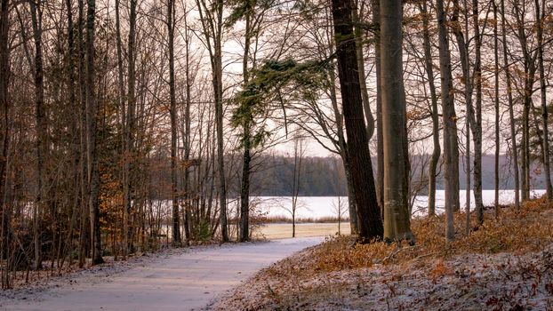 A snowy rural road curves towards the lake on a waterfront property in winter.