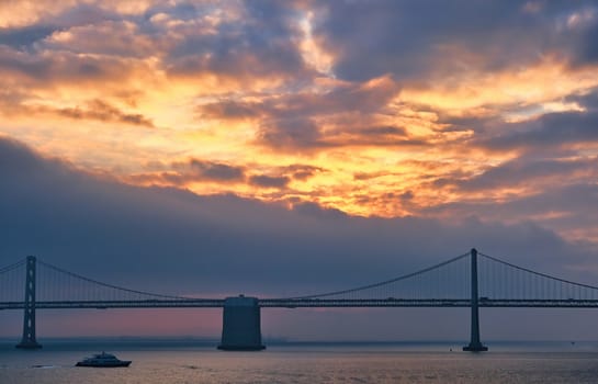 Bay Bridge at Sunrise with Ferry in Foreground