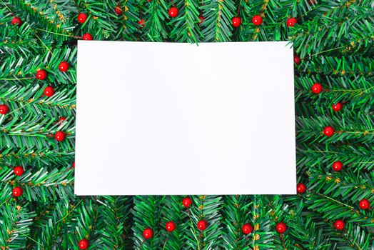 Happy New Year and Christmas day, top view flat lay composition decoration branches tree, white square on white background with copy space for your text