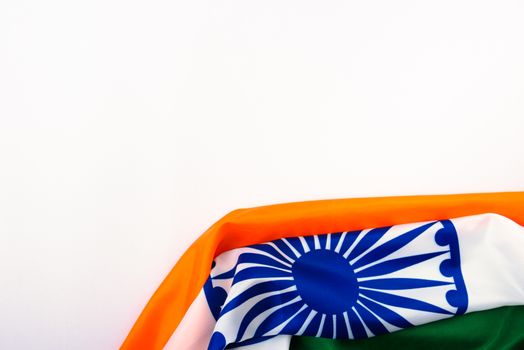 Indian republic day, flat lay top view, Indian tricolor flag on white background with copy space for your text