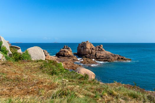 Rose granit sea shore in Britanny travel and hiking