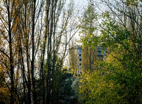old empty big house on the street of the abandoned city Chernobyl Ukraine in autumn
