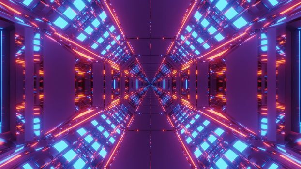 futuristic science-fiction hangar tunnel with endless glowing lights 3d rendering design background wallpaper, endless sci-fi space ship tunnel corridor indoor 3d illustration artwork graphic