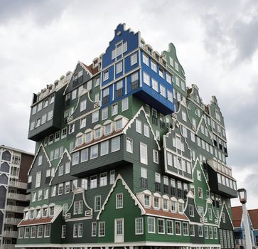 Facade of modern hotel with structure of traditional dutch buildings in Zaandam, Netherlands